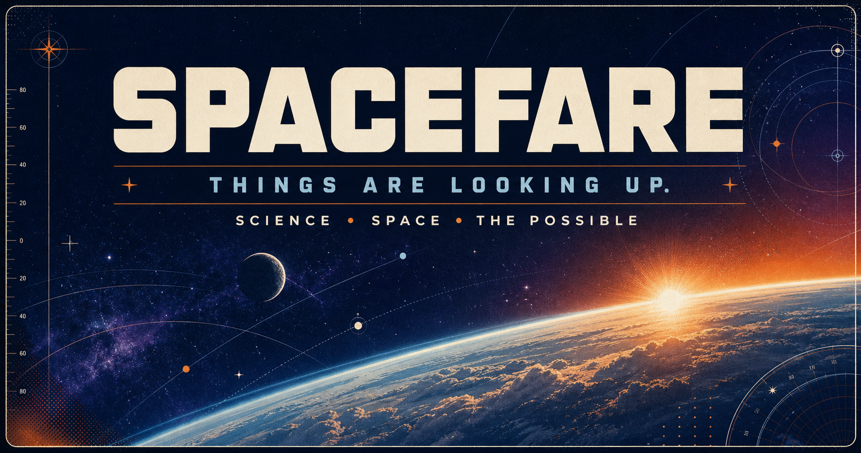 Spacefare poster over a planetary horizon: Things are looking up